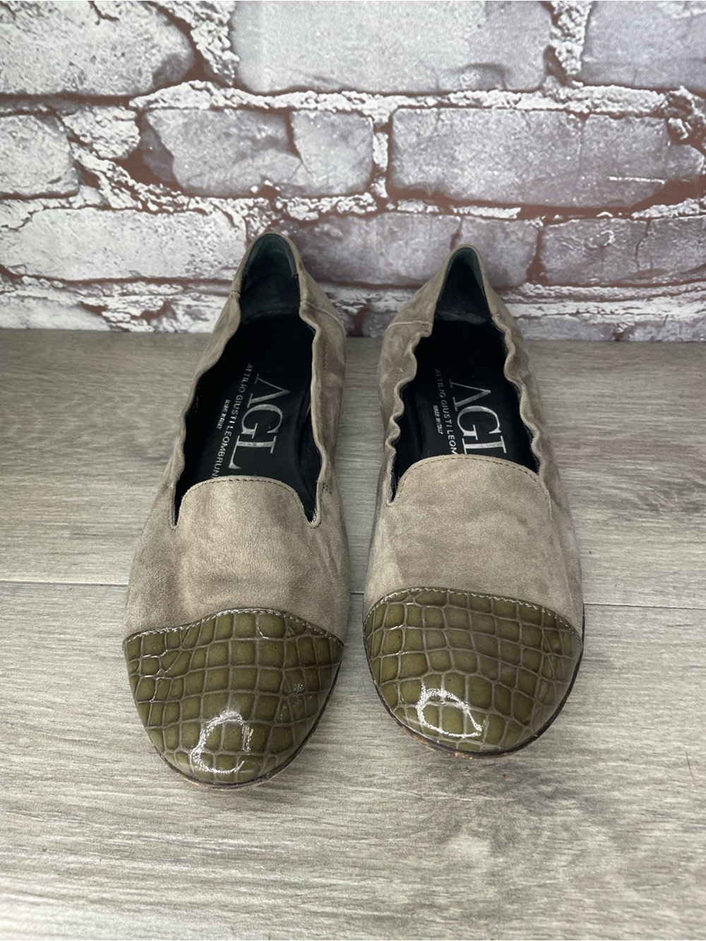 AGL Taupe Brown Green Croc Print Leather Cap Toe Smoking Flats Women 41EU/10.5M